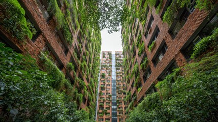 Tall buildings featuring rich green vertical gardens rise up amid foliage.
