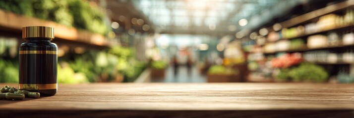 Supplement Bottle Advertisement Displayed on a Wooden Desk in a Wellness Interior Filled With Natural Light and Greenery