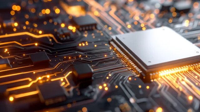 Abstract close-up of a glowing computer processor circuit board with microchips and circuits