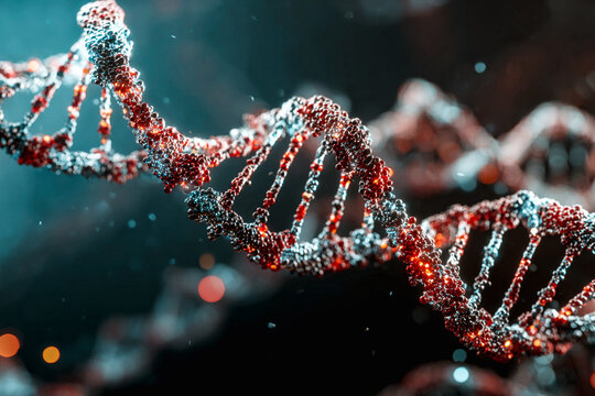 Detailed 3D rendering of a DNA double helix structure against a dark background. This image showcases a close-up view of a DNA strand, highlighting its intricate molecular structure and design.
