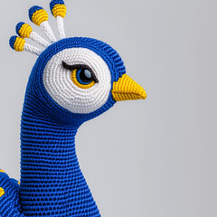 A close-up shot of a meticulously handcrafted peacock. The peacock features a striking blue body, adorned with intricate details, showcasing the artistry of crochet