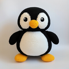 A charming crocheted penguin toy, its adorable features capturing the essence of cuddly fun and craftsmanship. With its contrasting colors, inviting form and soft texture.