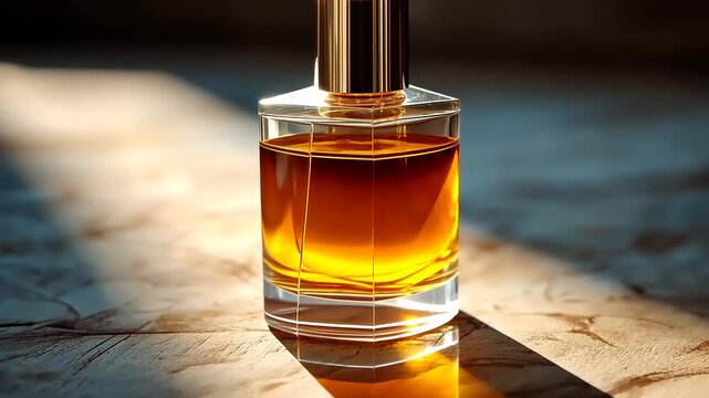 Elegant golden perfume bottle radiates luxury with shimmering light, perfect for beauty brands and upscale advertising campaigns with modern appeal