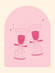 Minimal pink illustration of two wine glasses with bows, drawn in simple line art. Cute decorative design for celebrations, invitations, romantic themes, and festive graphics.