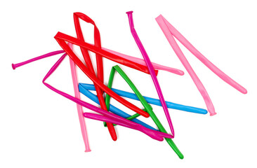 Pile of deflated colorful balloons, isolated on white background, top view