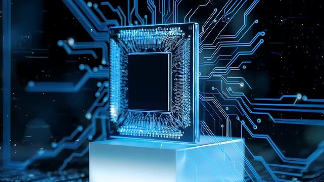A close-up view of a circuit board illuminated with cool blue light. A central, square processor is the focal point, connected by lines