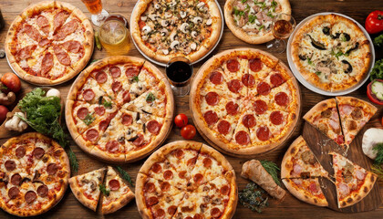 Pizza on a large table in a restaurant