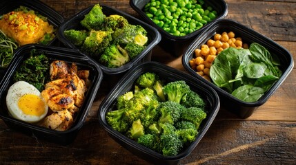 Brightly colored meal prep containers hold a variety of fresh vegetables, grilled chicken, and chickpeas on a rustic wooden surface. Vibrant greens and protein offer a nutritious feast.