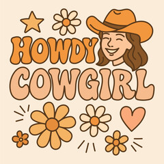 Groovy Cowgirl Illustration with Retro Flowers, Stars, and Music Notes. Vintage Style Design Featuring a Fun Cowgirl with Star Glasses and Disco Elements.