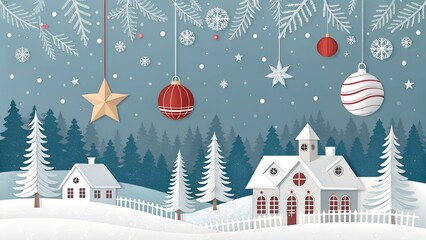 Winter holiday scene with snow covered houses and christmas ornaments hanging down