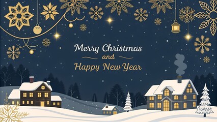 Festive christmas scene with snow covered houses and golden holiday decorations