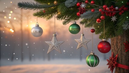 Christmas tree ornaments hanging outdoors in a snowy winter wonderland scene
