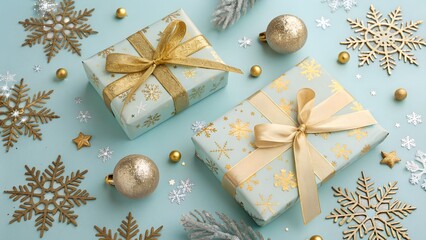 Two christmas presents wrapped with gold ribbon and snowflakes on a blue surface