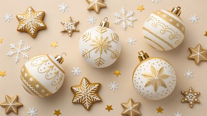 Elegant christmas ornaments and star cookies arranged on a beige background
