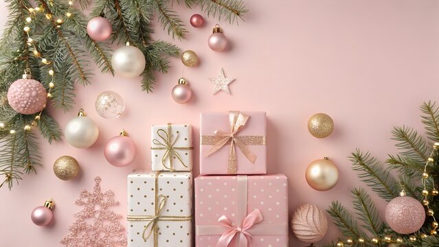 Elegant christmas gifts and ornaments arranged on a soft pink background scene
