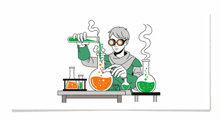 Scientist Experimenting with Beakers and Flasks in Laboratory Setting Illustration