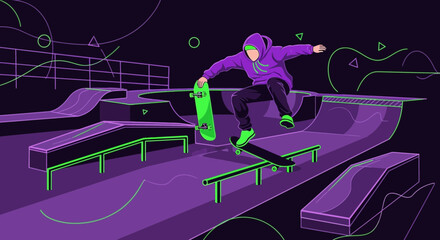 Stylish skateboarder performing a trick in a vibrant skatepark illustration showcasing skill and