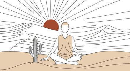 Minimalist illustration of a person meditating in the desert at sunset promoting wellness