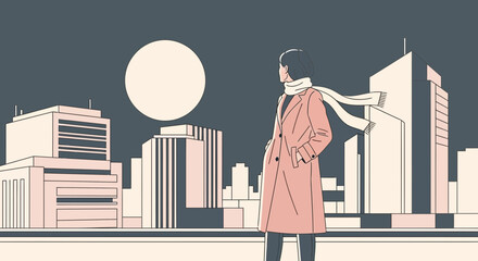 Solitude in the city: A woman gazes at the moon over an abstract cityscape evoking tranquility and