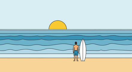 Minimalist surfer at the beach at sunset with a surfboard illustration scene