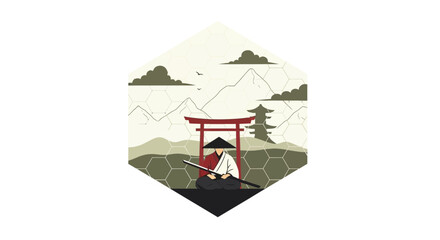 Minimalist Samurai in Meditative Position with Traditional Japanese Scenery Vector Art