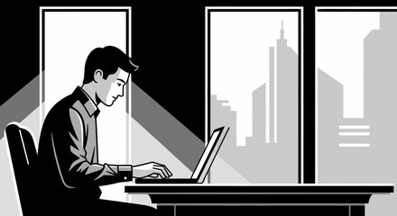 Modern monochrome illustration of a man working on a laptop in office near the window