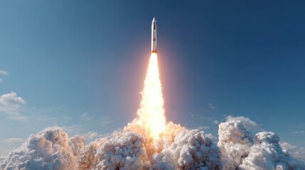 A rocket propels upward against a clear blue sky, surrounded by thick clouds of smoke and fire. The launch takes place at a space center during daytime.