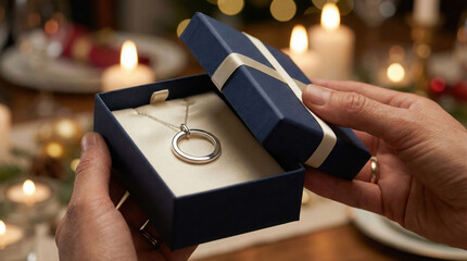 Cherished Celebration: Hands Opening a Special Anniversary Gift, a Silver Necklace, Amidst Festive Candlelight