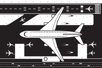 Passenger airplane flying over an airport - vector illustration