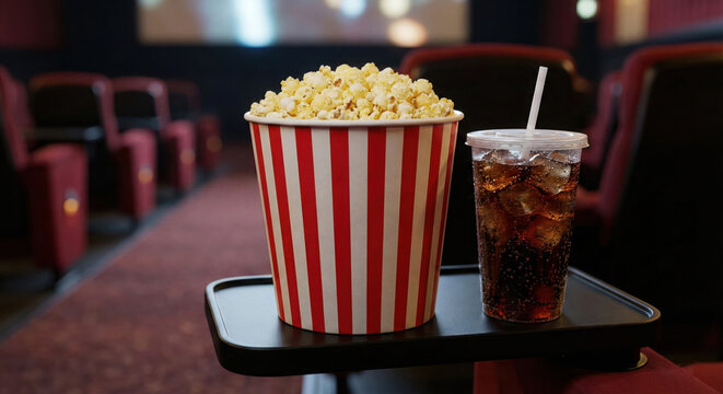 Classic popcorn and cola combo for an immersive popcorn movie experience in a dark cinema setting