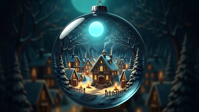Christmas village inside glass a bauble with snow-covered houses, glowing full moon, and warm lights, winter holiday decoration for greeting card.