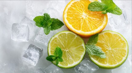 Bright slices of orange and lime lie atop clear ice, surrounded by fresh mint leaves, creating a vibrant and refreshing setting perfect for summer drinks.