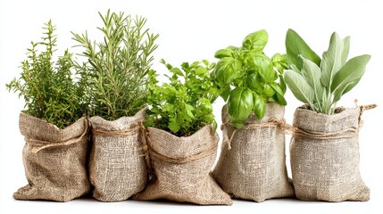 Five burlap sacks filled with various fresh herbs, including basil, rosemary, cilantro, sage, and thyme, are arranged neatly. These herbs are ideal for cooking or home gardening.