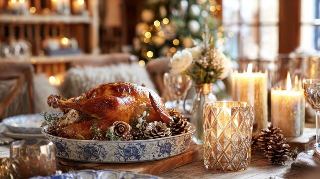 A beautifully arranged table features a golden roasted turkey surrounded by pinecones, candles, and festive decor. Warm lighting creates a cozy holiday atmosphere.