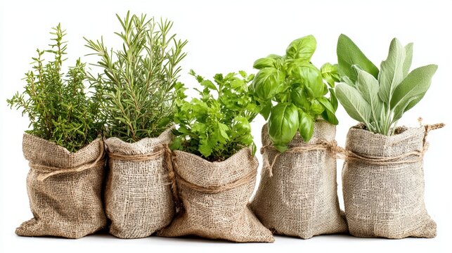 Five burlap sacks filled with various fresh herbs, including basil, rosemary, cilantro, sage, and thyme, are arranged neatly. These herbs are ideal for cooking or home gardening. - Powered by Adobe