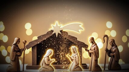 Wooden nativity scene with Mary, Joseph, and wisemen under the Star of Bethlehem, illuminated by golden light and falling glitter. Perfect for Christmas religious themes and peaceful greetings.
