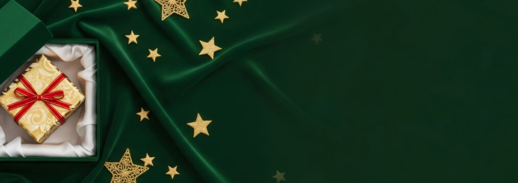 Golden wrapped gift box with red ribbon in a green velvet box and golden stars on a dark green velvet textile. Christmas holiday gift concept. Banner with copy space