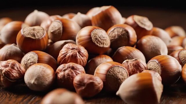 Closeup of a pile of hazelnuts showcasing their natural texture and rich brown color perfect for culinary and healthy snack themes.