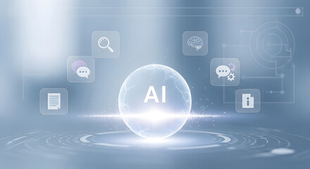 Artificial intelligence sphere with digital icons floating on a blue backdrop
