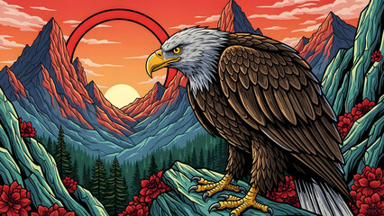 Majestic eagle illustration with mountain landscape and vibrant sunset background