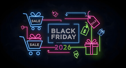 Neon black friday 2026 sale advertisement with shopping carts and gift boxes design