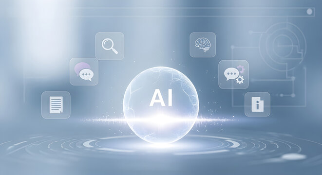Artificial intelligence sphere with digital icons floating on a blue backdrop
