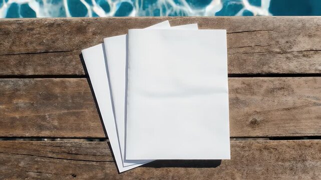 Three white, blank brochures or magazines lay on a weathered wooden surface near rippling blue water