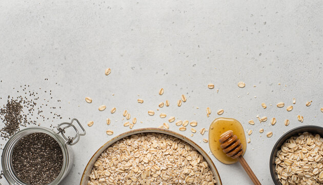 Wholesome breakfast with oats, chia seeds and honey for a healthy lifestyle, fueling your day with natural goodness and nutritious energy, perfect for a morning meal
