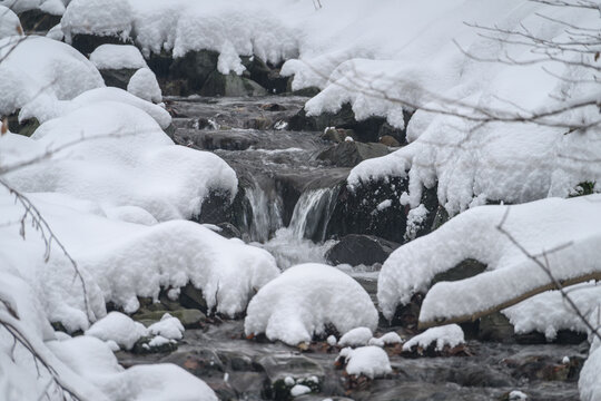 Mountain stream flowing with little piles of snow on stones outside in winter.