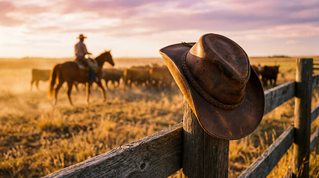 Cowboy hat on fence in golden hour, ranch scene blurred behind.