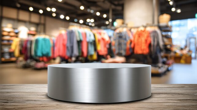 Sportswear Boutique Features a Clean Metal Podium Surrounded by Colorful Clothing Displays in a Vibrant Shopping Space