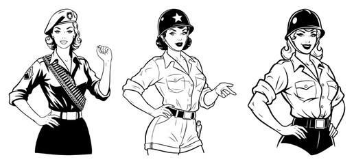 Vintage Military Pin up Girl Set Retro Army Women Soldiers Vector Illustration