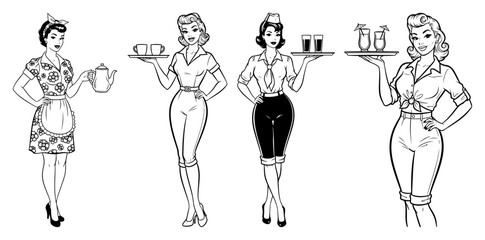 Retro Waitress and Housewife Pin up Girl Set Vintage 1950s Woman Character Illustration