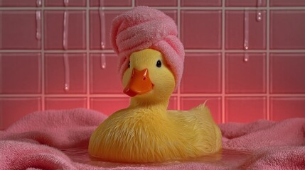 A charming and whimsical portrait of a yellow rubber duck wearing a pink towel on its head, sitting in clear water against a glossy pink tiled background with water streaks.
